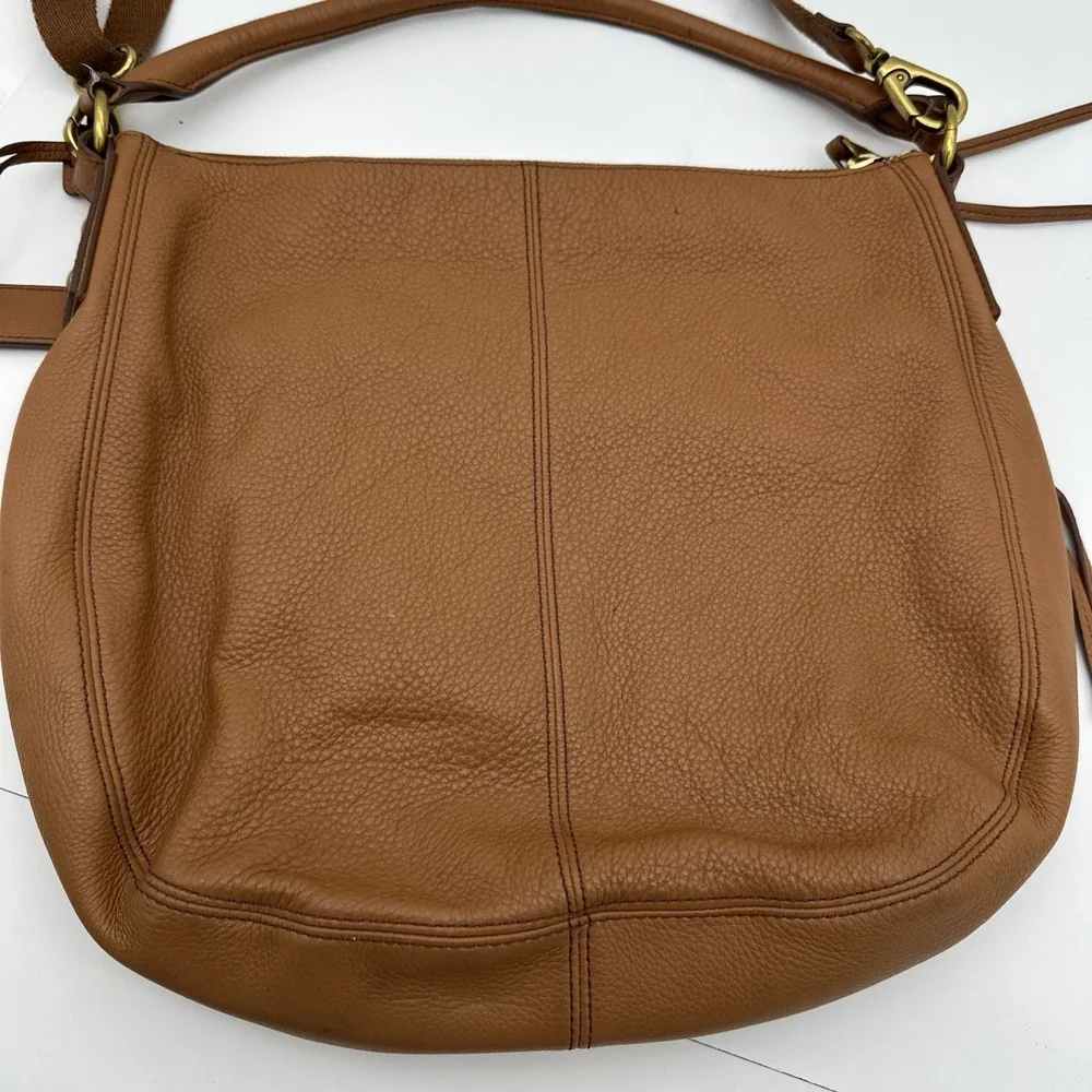 Fossil Genuine Leather Pebbled Brown Cognac Hobo Shoulder  Crossbody Bag 15x13
